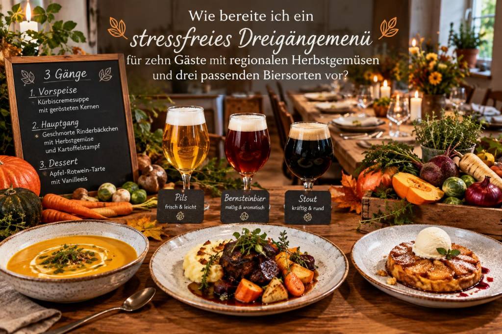Wie bereite ich ein stressfreies dreigängemenü für zehn gäste mit regionalen herbstgemüsen und drei passenden biersorten vor