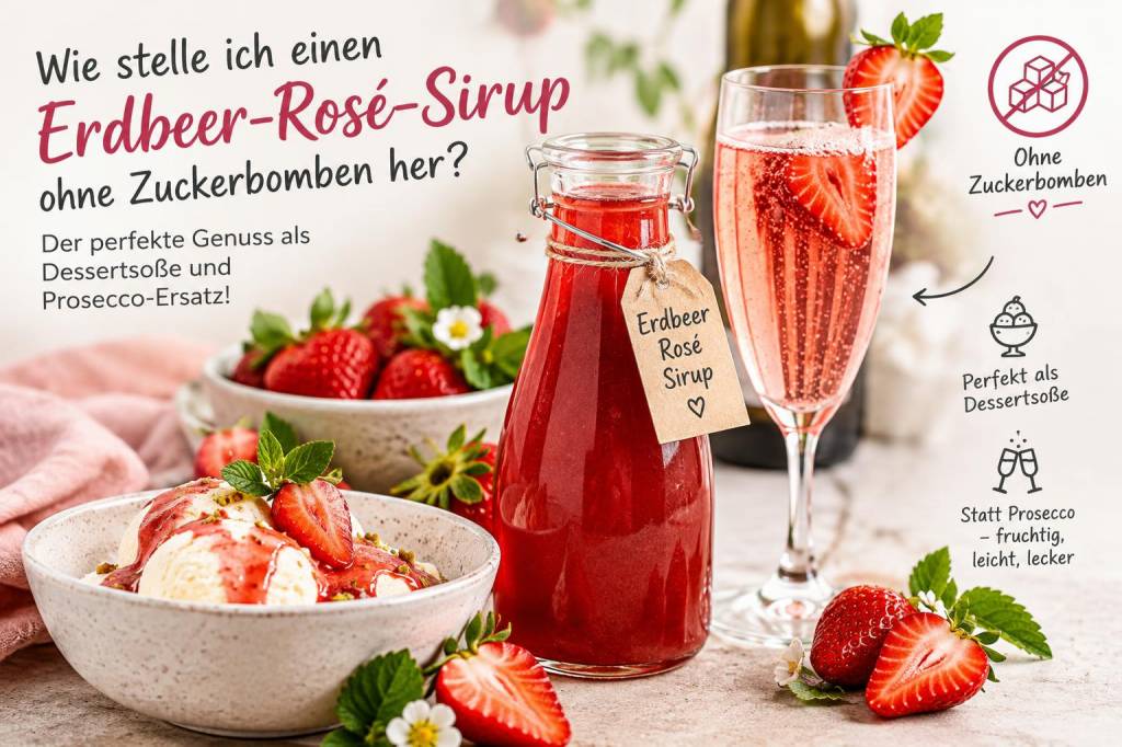 Wie stelle ich einen erdbeer‑rosé‑sirup ohne zuckerbomben her, der als dessertsoße und prosecco‑ersatz funktioniert