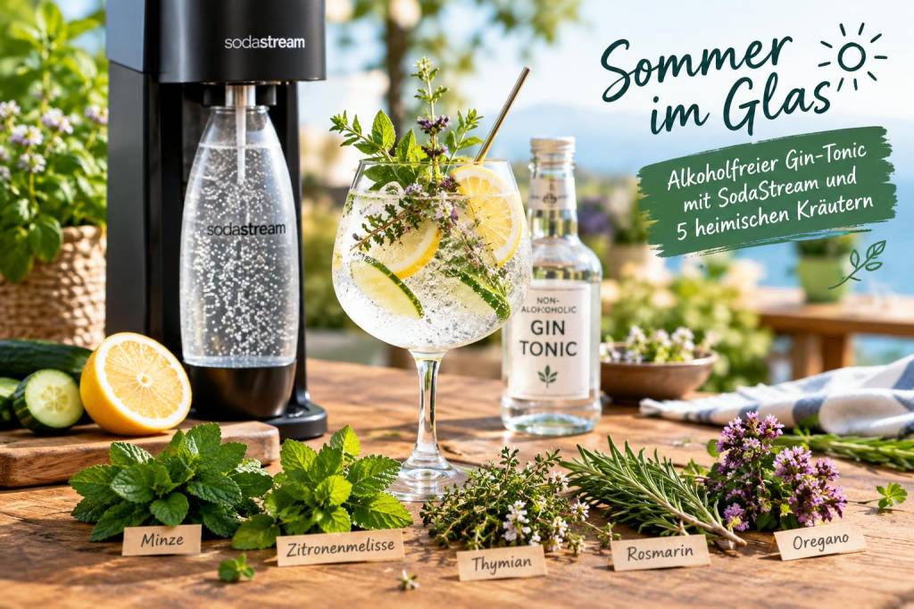 Wie mixe ich zuhause einen alkoholfreien gin‑tonic mit sodastream und fünf heimischen kräutern, der echte sommeraromen liefert